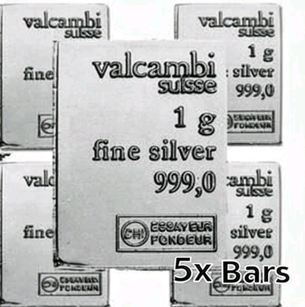 🔥 Lot of 5 × 1 Gram Pure Silver Bullion Bars .999 Fine Valcambi 💎