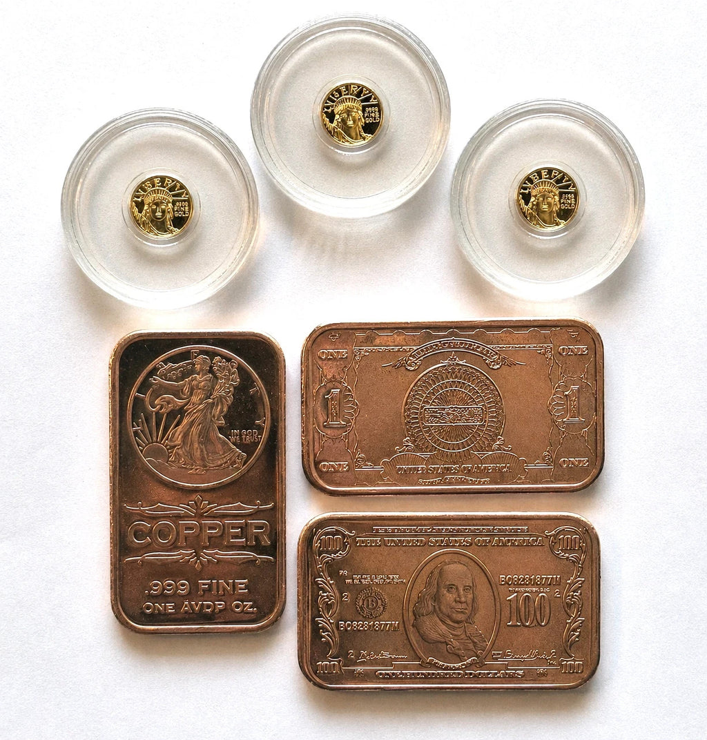 3x 24K Liberty Gold Coins 1/200 oz .9999 + FREE 3x 1 oz Copper Bars Set