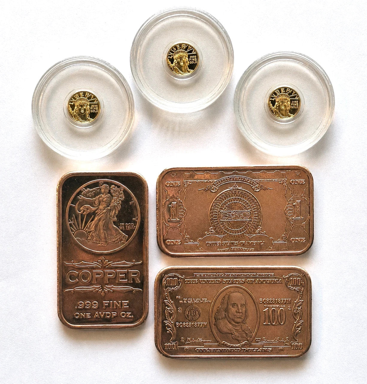 3x 24K Liberty Gold Coins 1/200 oz .9999 + FREE 3x 1 oz Copper Bars Set