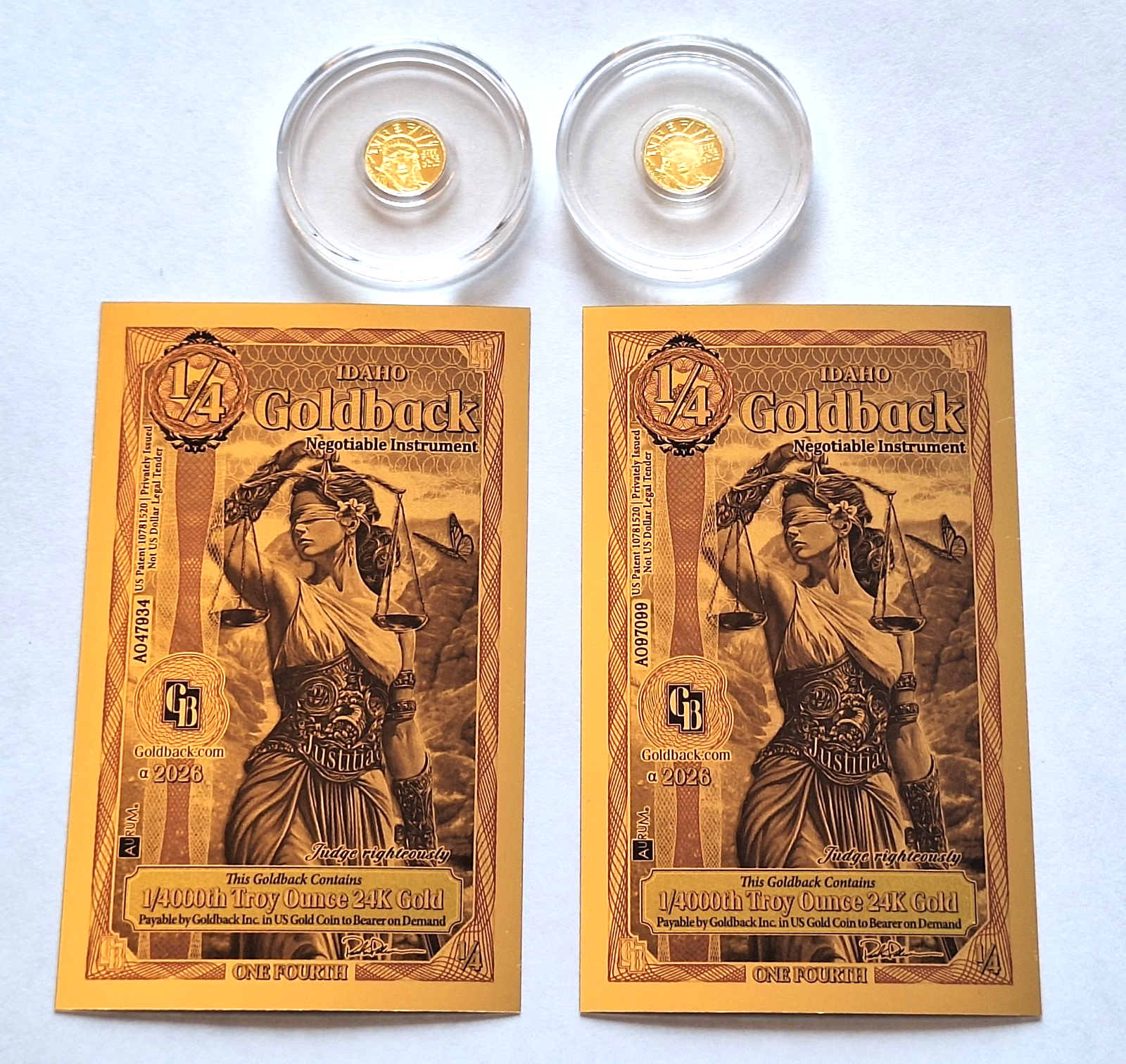 2x 24k Pure Gold Lady Liberty Coins .9999 Rounds + 2 FREE Idaho Goldbacks 24k