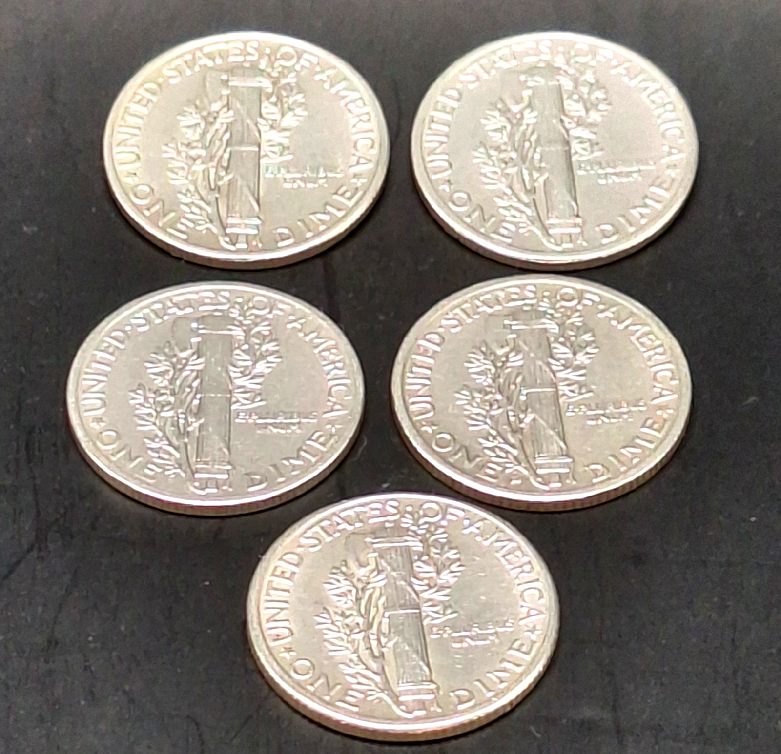 Set of 5 Mercury Dimes AU Almost Uncirculated 90% Silver 10C PDS Free Ship!!