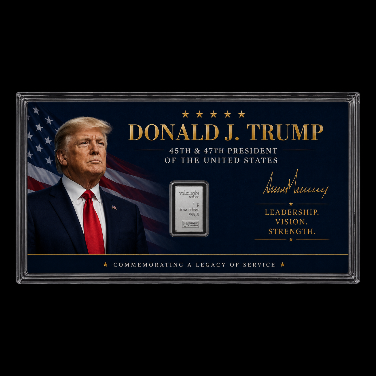 Donald Trump Tribute Card w/ Genuine 1g Valcambi Suisse .999 Fine Silver Bar