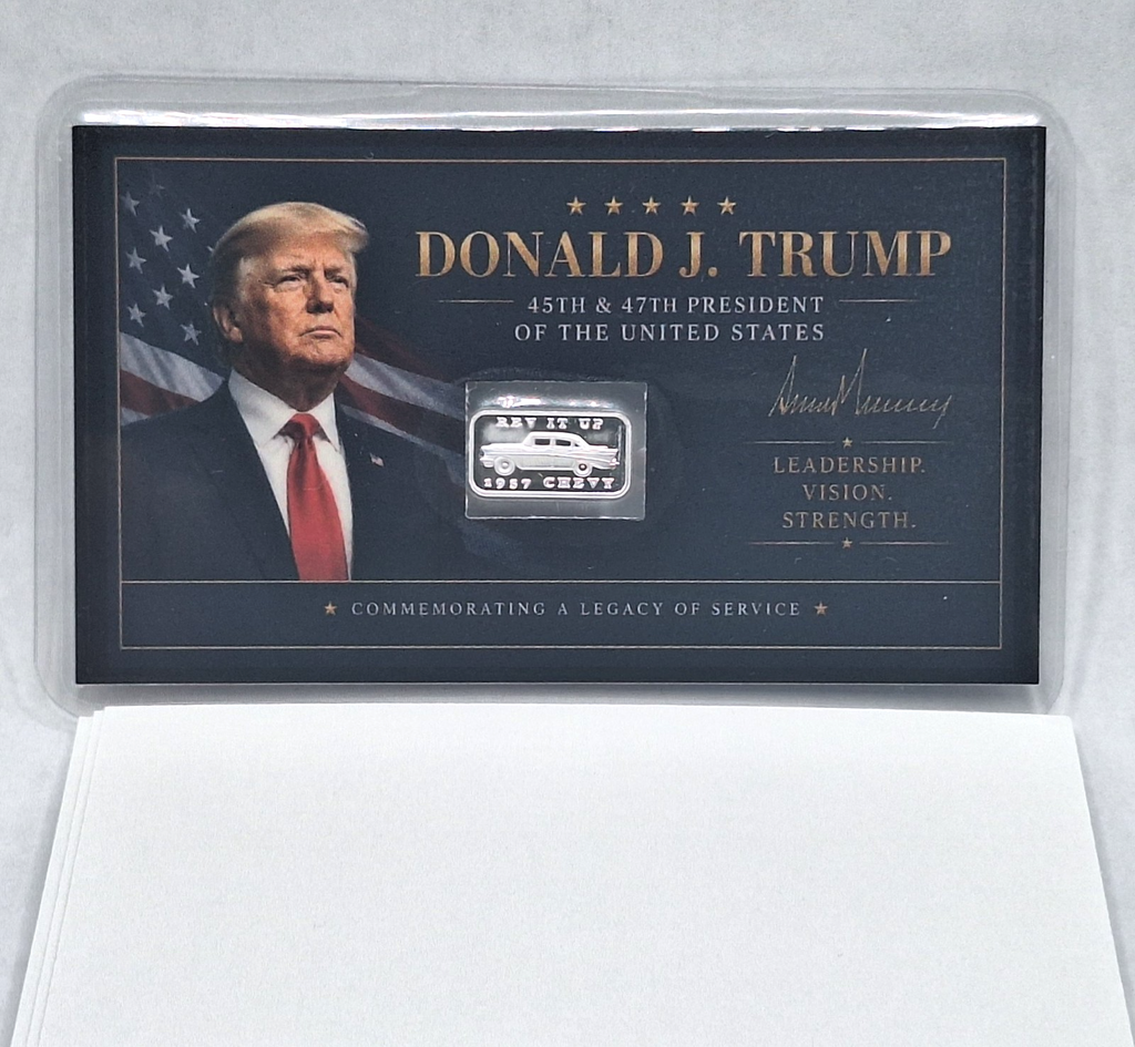 Donald Trump Tribute Card w/ Genuine 1g 1957 Chevy .999 Fine Silver Bar