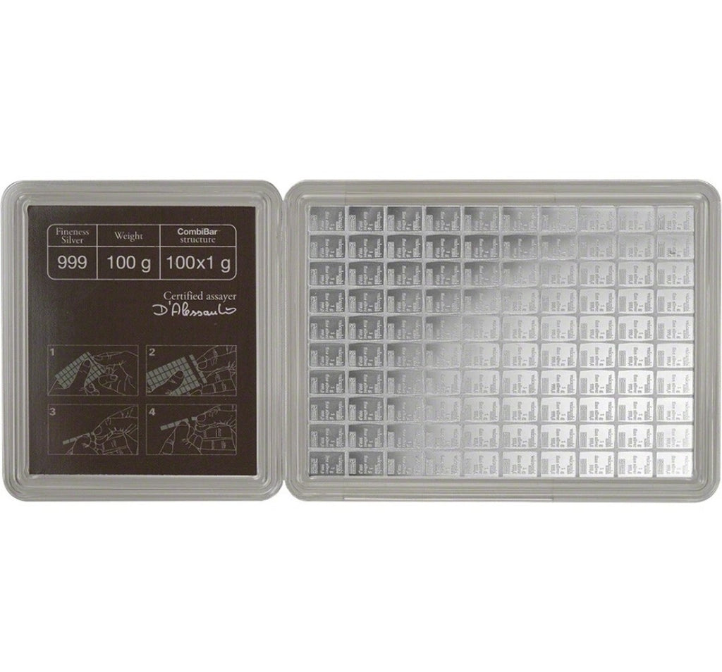 100 gram Silver Bar - Valcambi 100x1 Gram Silver CombiBar with Assay Card