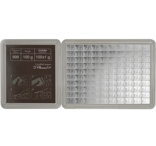 100 gram Silver Bar - Valcambi 100x1 Gram Silver CombiBar with Assay Card