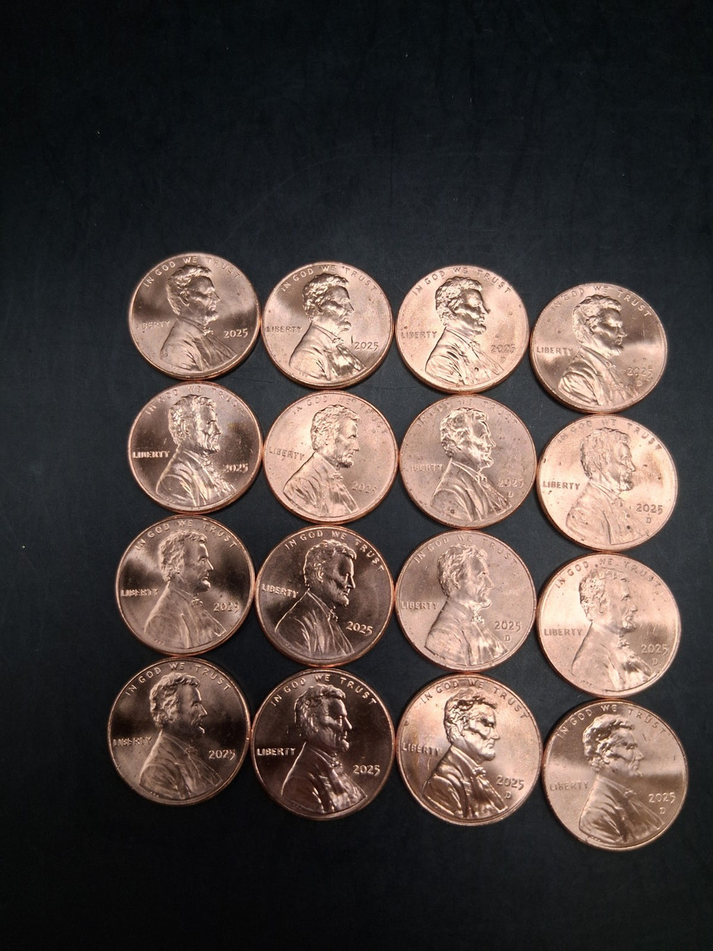 Lot 16 x 2025 Lincoln Pennies | 1/4 Roll Total. P & D Uncirculated Mint Cents BU