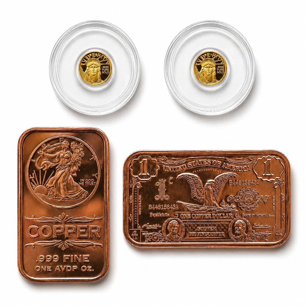 2x 24K Liberty Gold Coins 1/200 oz .9999 + FREE 2x 1 oz Copper Bars Set