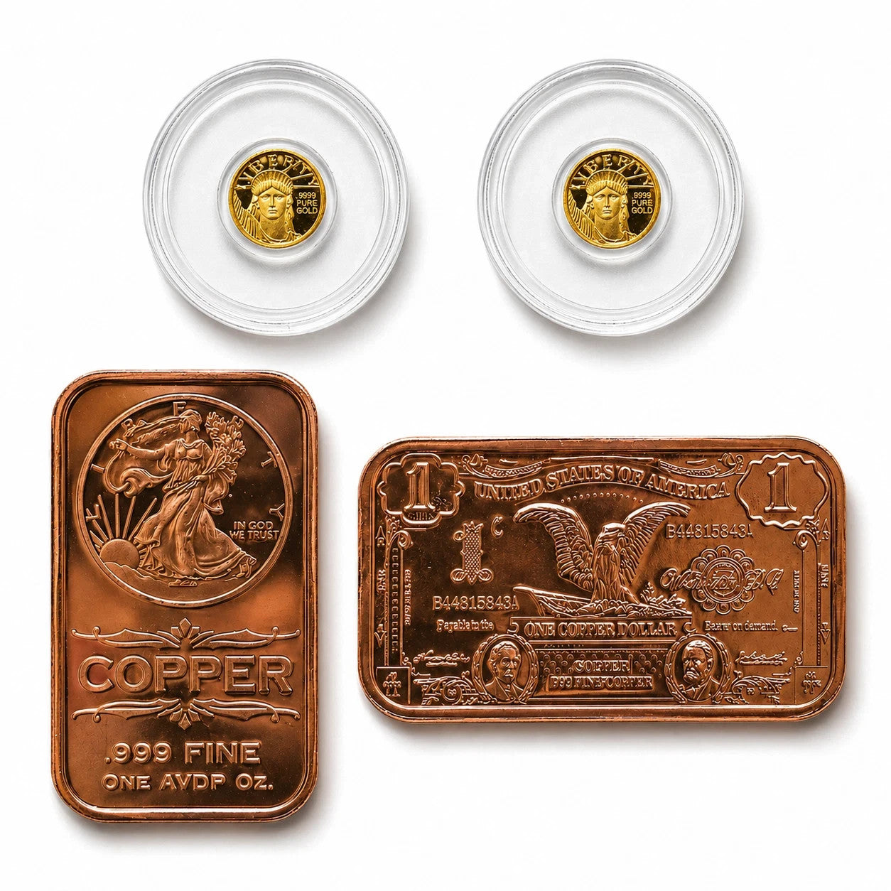 2x 24K Liberty Gold Coins 1/200 oz .9999 + FREE 2x 1 oz Copper Bars Set
