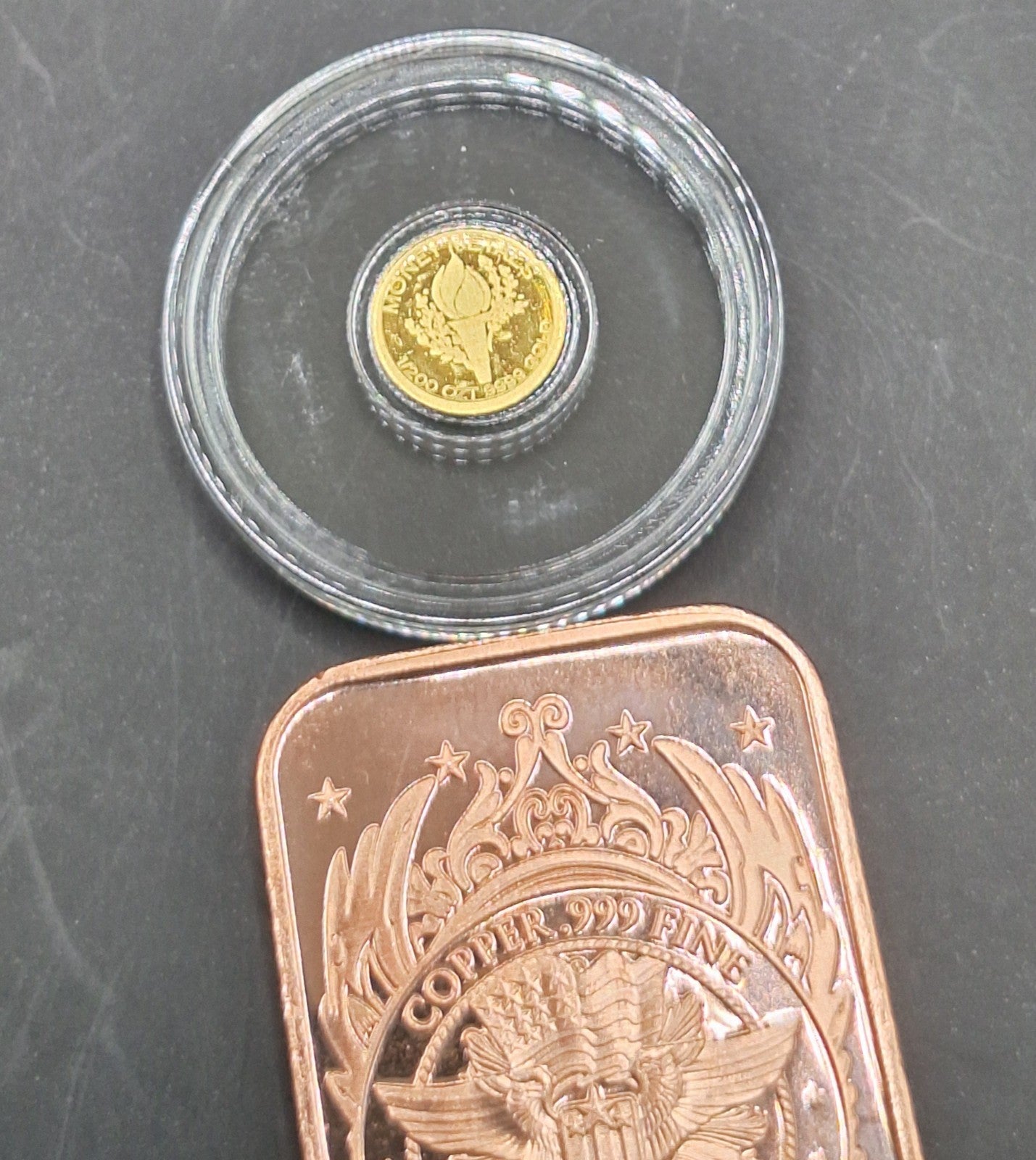24K Mercury Gold Dime 1/200 oz .9999 + *FREE* 1 oz Copper Bar Random Design
