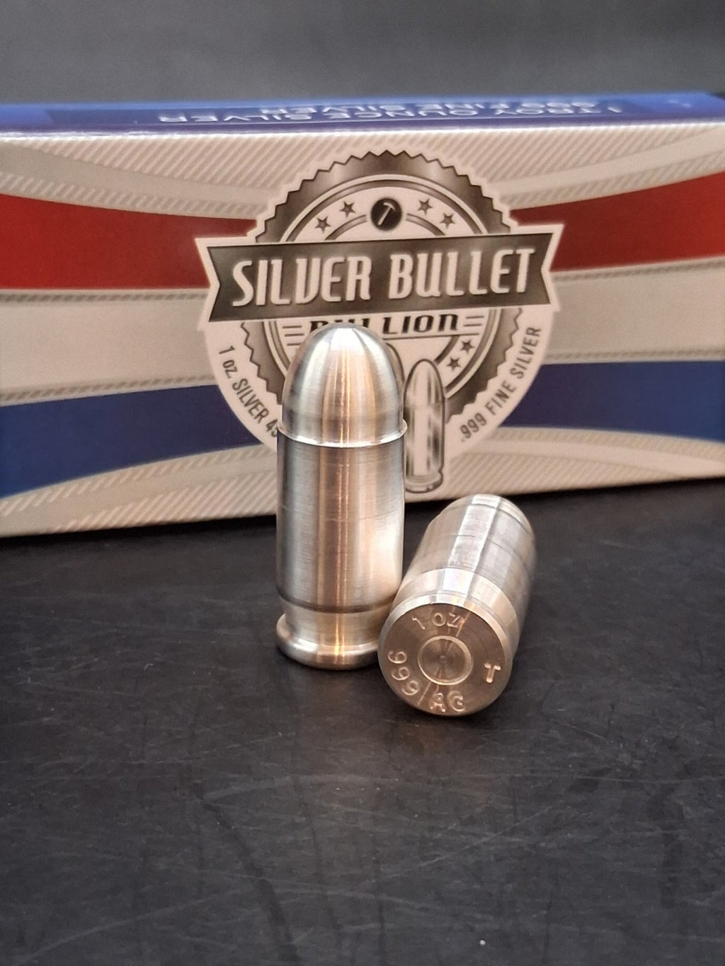 Lot 2 Silver Bullet Bullion .999 Fine Silver 2oz Total .45 Auto ACP 1oz Each