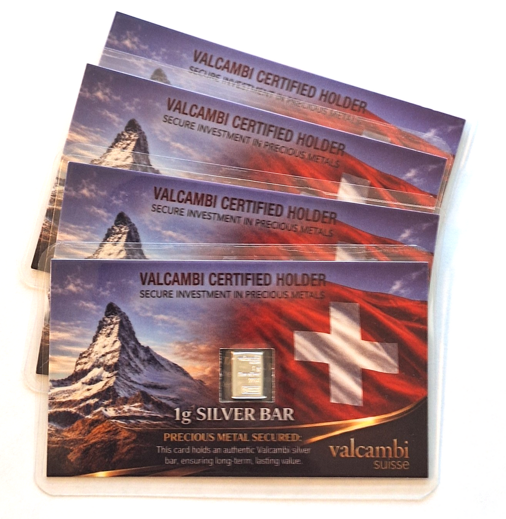 4x 1g Valcambi Suisse Silver Bar .999 Fine Silver in Sealed Swiss Display Card