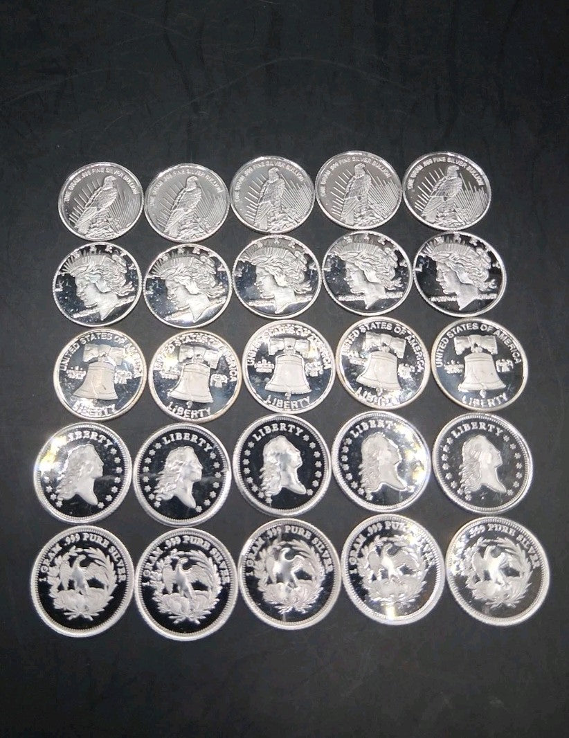 (25x) Pure .999 Fine Silver Rounds Premium New Bullion Estate Lot Designs