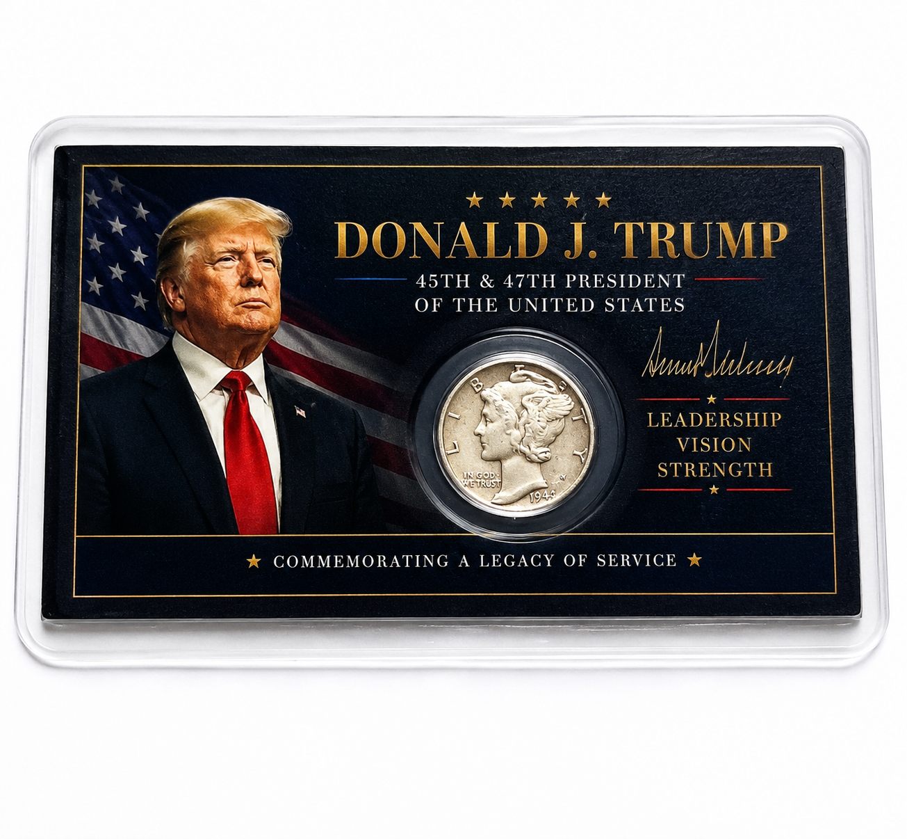 Donald Trump Laminated Card w/ Mercury Dime 90% Silver BU/UNC Free Shipping PDS