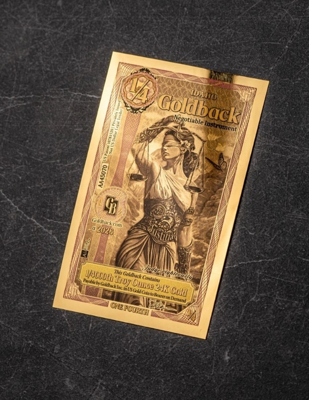 2026 - 1/4 IDAHO Goldback Gold Foil Note 1/4000 oz 24kt .999 BEST PRICE ONLINE!