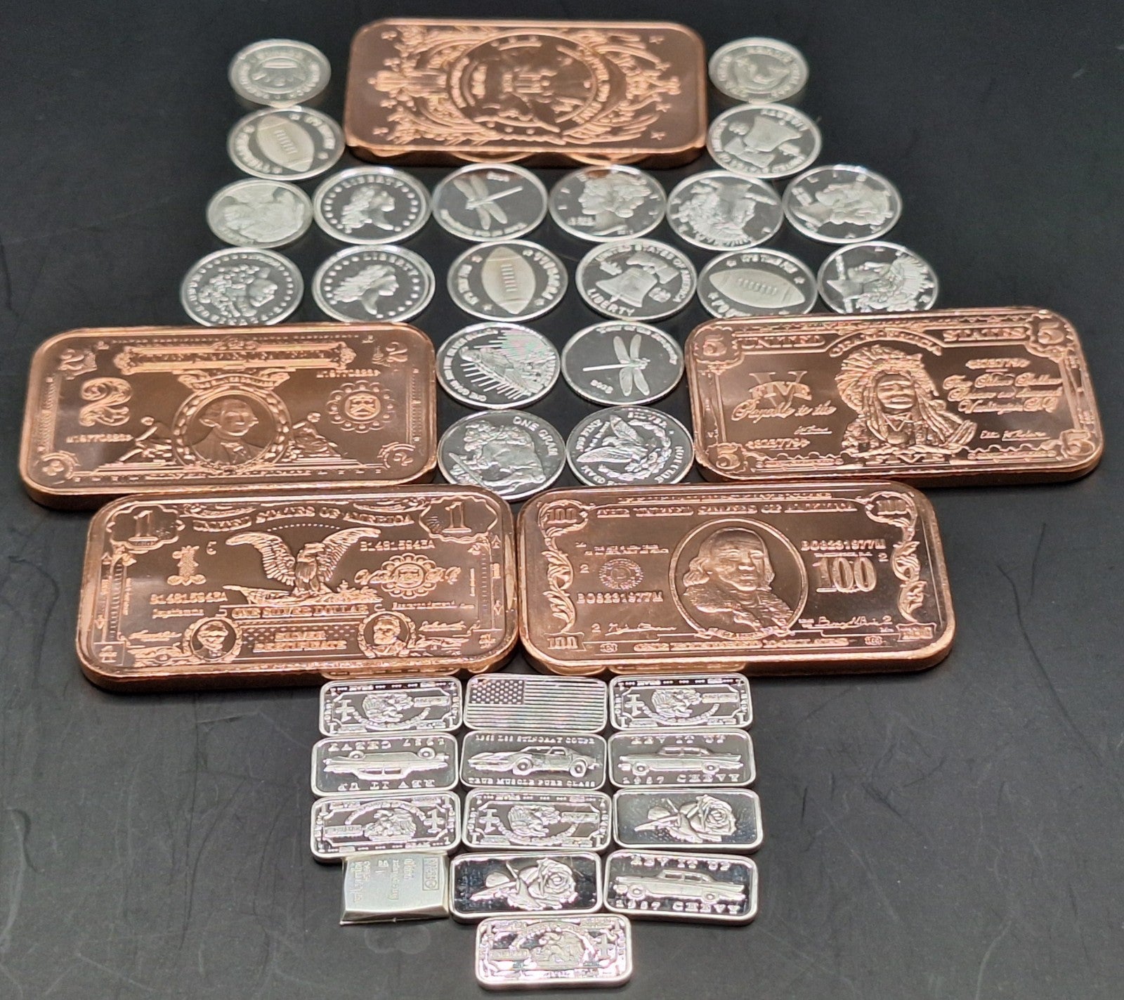 Silver & Copper Bullion Lot .999 Fine Bars Rounds Mixed Designs Set Stacker
