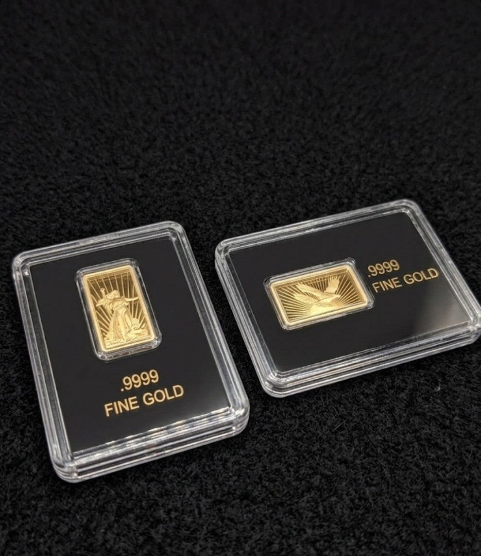 Lot of 2 - .9999 Fine Gold Bars In Assay Walking Liberty & Double Eagle 1/50oz