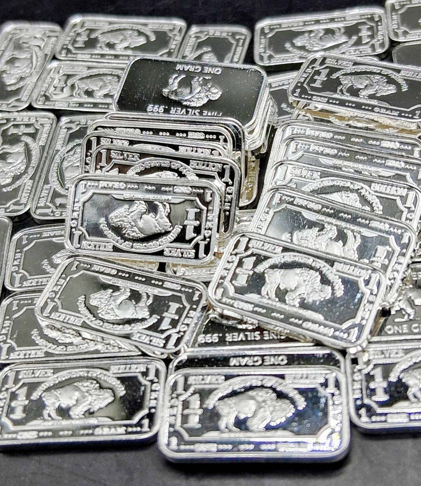 50 Bulk Lot 1 Gram Silver Bars .999 Fine Bullion - Buffalo Design