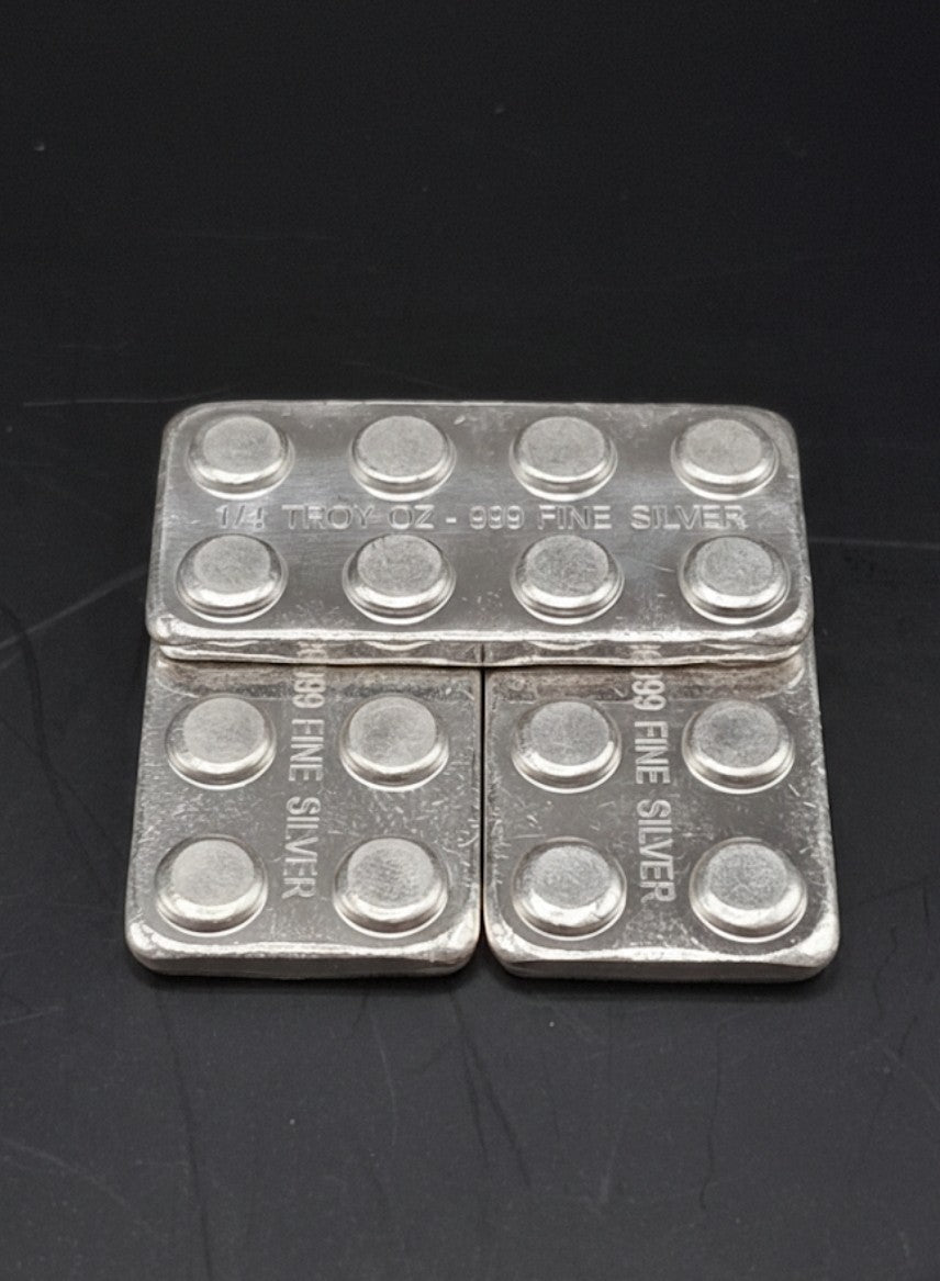 Lot of 3 - 1/4 oz .999 Fine Silver Bars (3/4 oz Total) Stackable Building Blocks