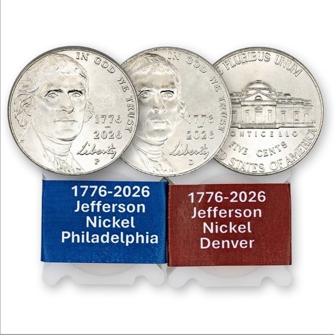 Set 2 x 1776-2026 Jefferson Nickel Rolls ( P & D ) - Uncirculated America 250