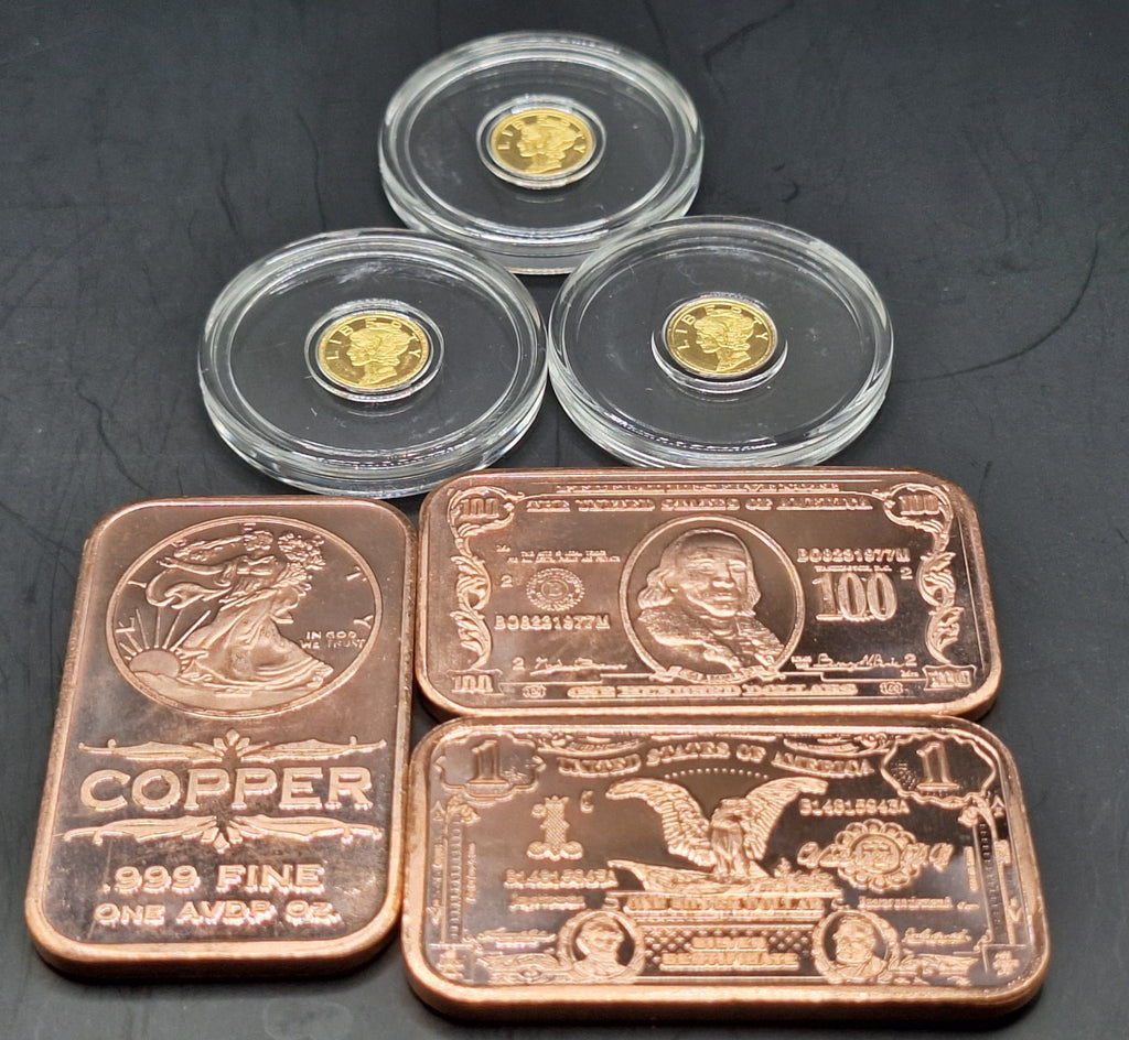 3x Mercury Gold Dime 1/200 oz .9999 Gold Coins + FREE 3x 1 oz Copper Bars