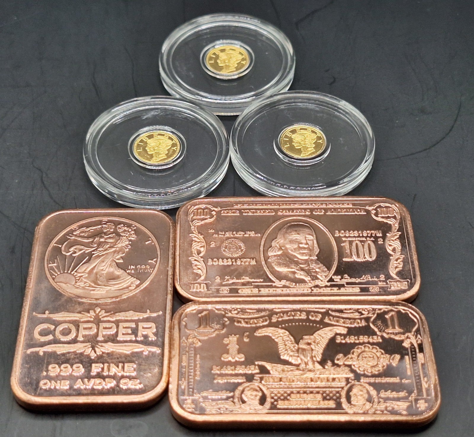 3x Mercury Gold Dime 1/200 oz .9999 Gold Coins + FREE 3x 1 oz Copper Bars