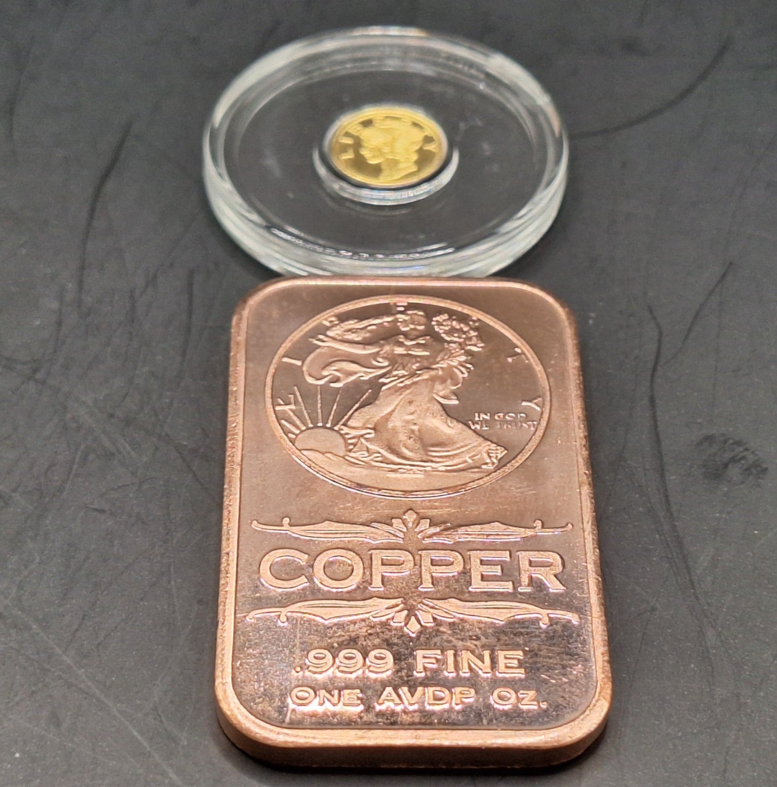 24K Mercury Gold Dime 1/200 oz .9999 + *FREE* 1 oz Copper Bar Random Design