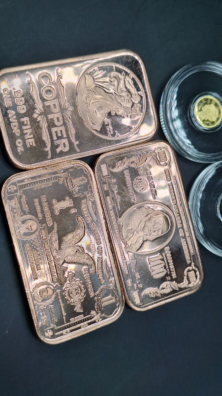 3x Mercury Gold Dime 1/200 oz .9999 Gold Coins + FREE 3x 1 oz Copper Bars