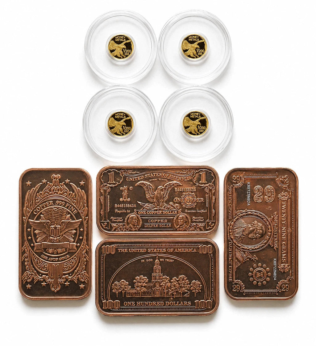 4x 24K Liberty Gold Coins 1/200 oz .9999 + FREE 4x 1 oz Copper Bars Set