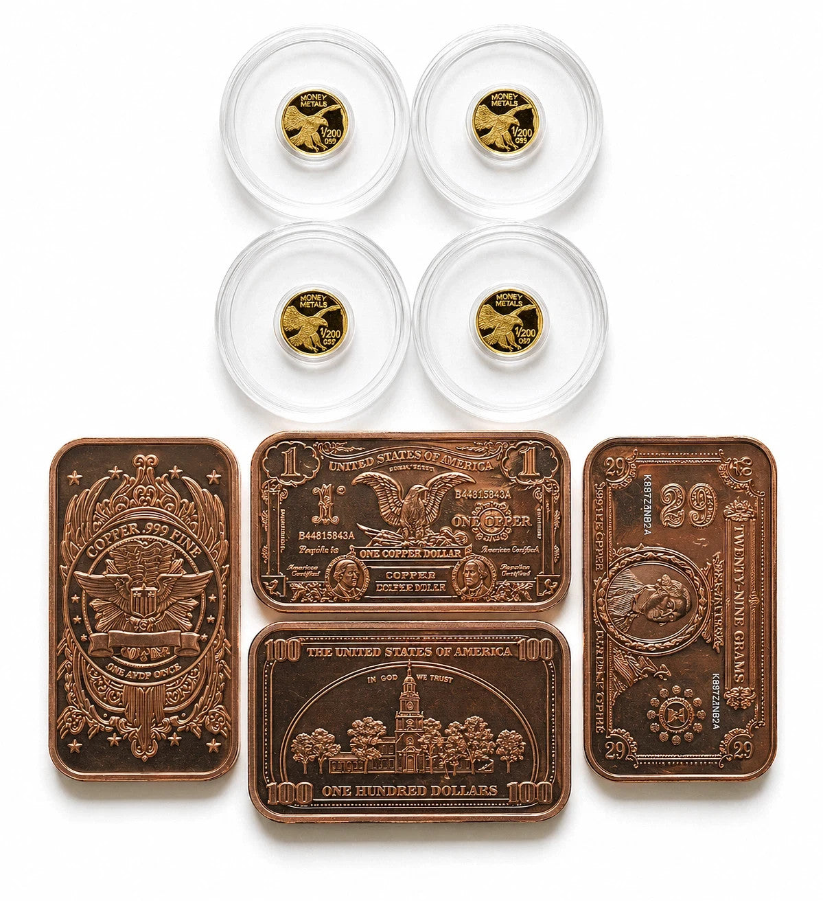 4x 24K Liberty Gold Coins 1/200 oz .9999 + FREE 4x 1 oz Copper Bars Set