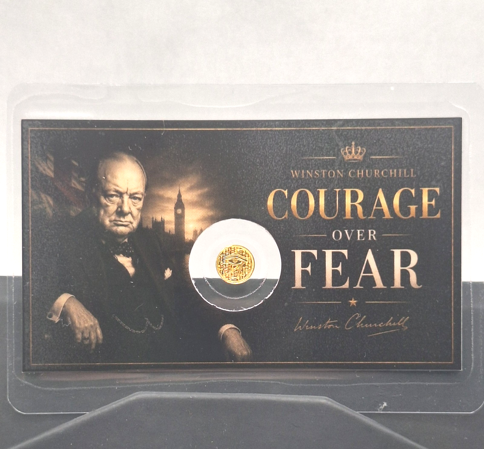 Winston Churchill Tribute Card w/ Genuine 1/500 oz .9999 Gold Eye of Ra Round