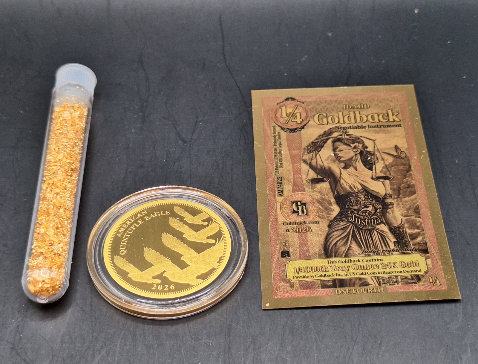 Deluxe Gold Collection Quintuple Eagle Gold Coin, Goldback & Gold Flakes