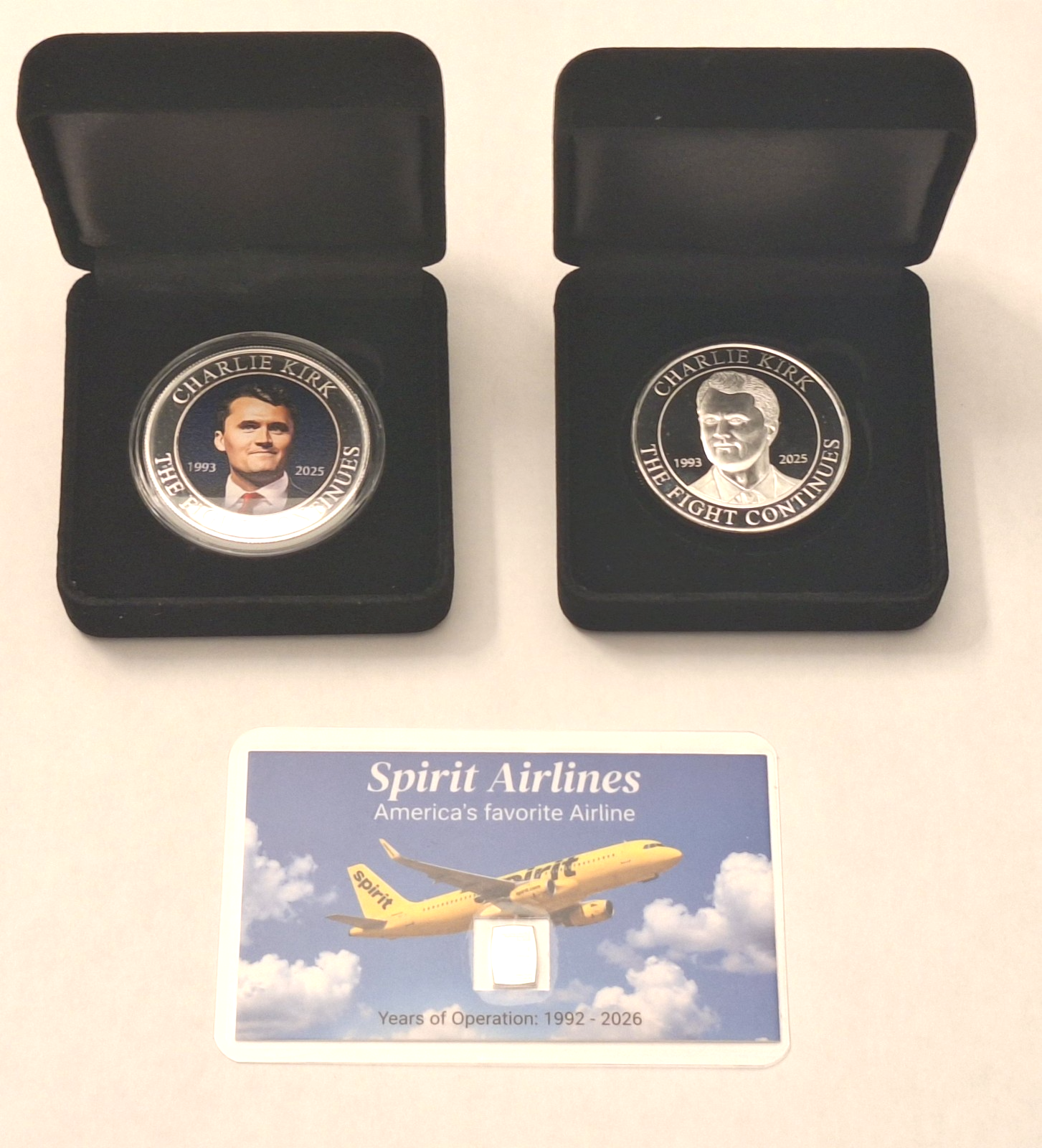 Charlie Kirk Silver Set w/ Display Cases + BONUS Spirit Card 1g Valcambi bar!