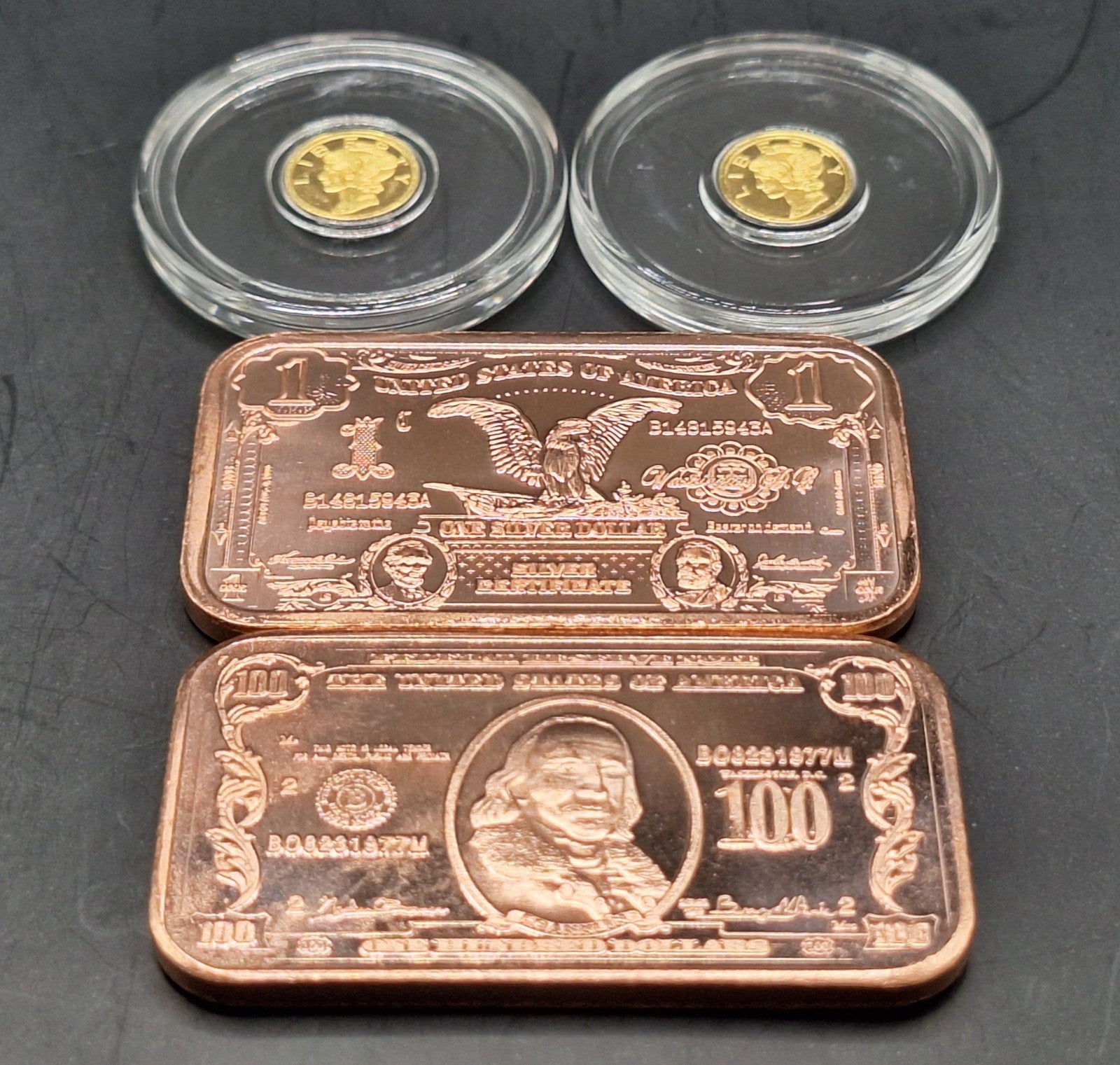 2x Mercury Gold Dime 1/200 oz .9999 Gold Coins + FREE 2x 1 oz Copper Bars