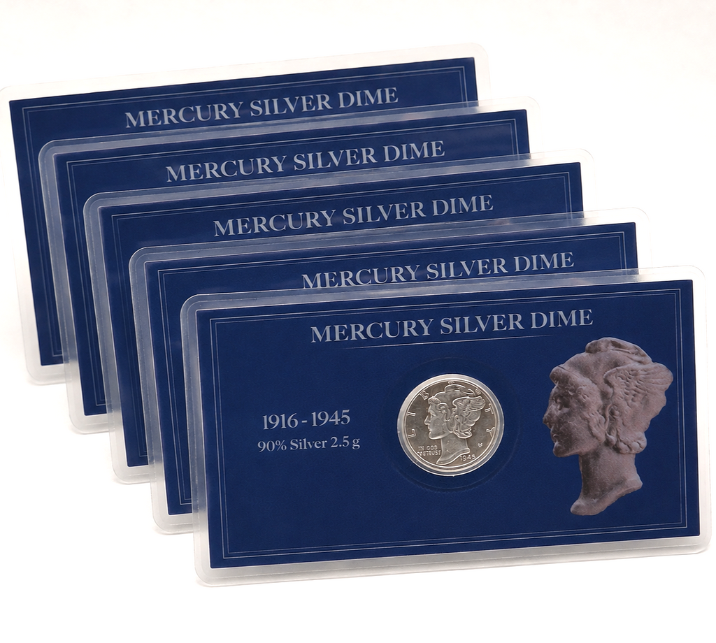 5x AU/BU Mercury Silver Dime 90% Silver Coin in Premium Collector Display Card