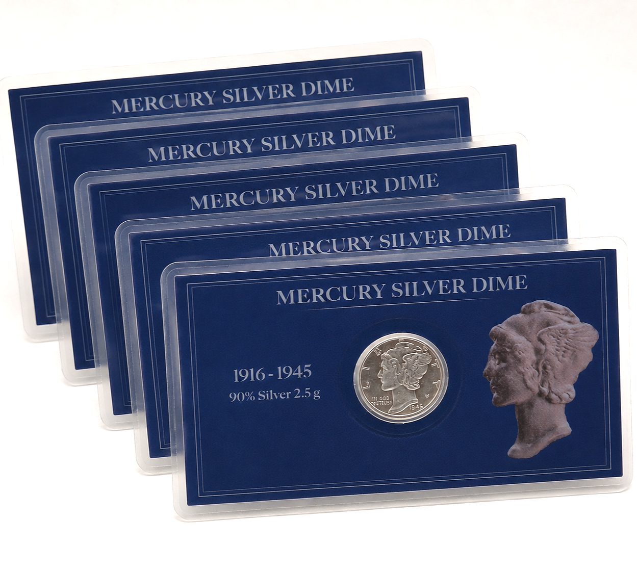 5x AU/BU Mercury Silver Dime 90% Silver Coin in Premium Collector Display Card