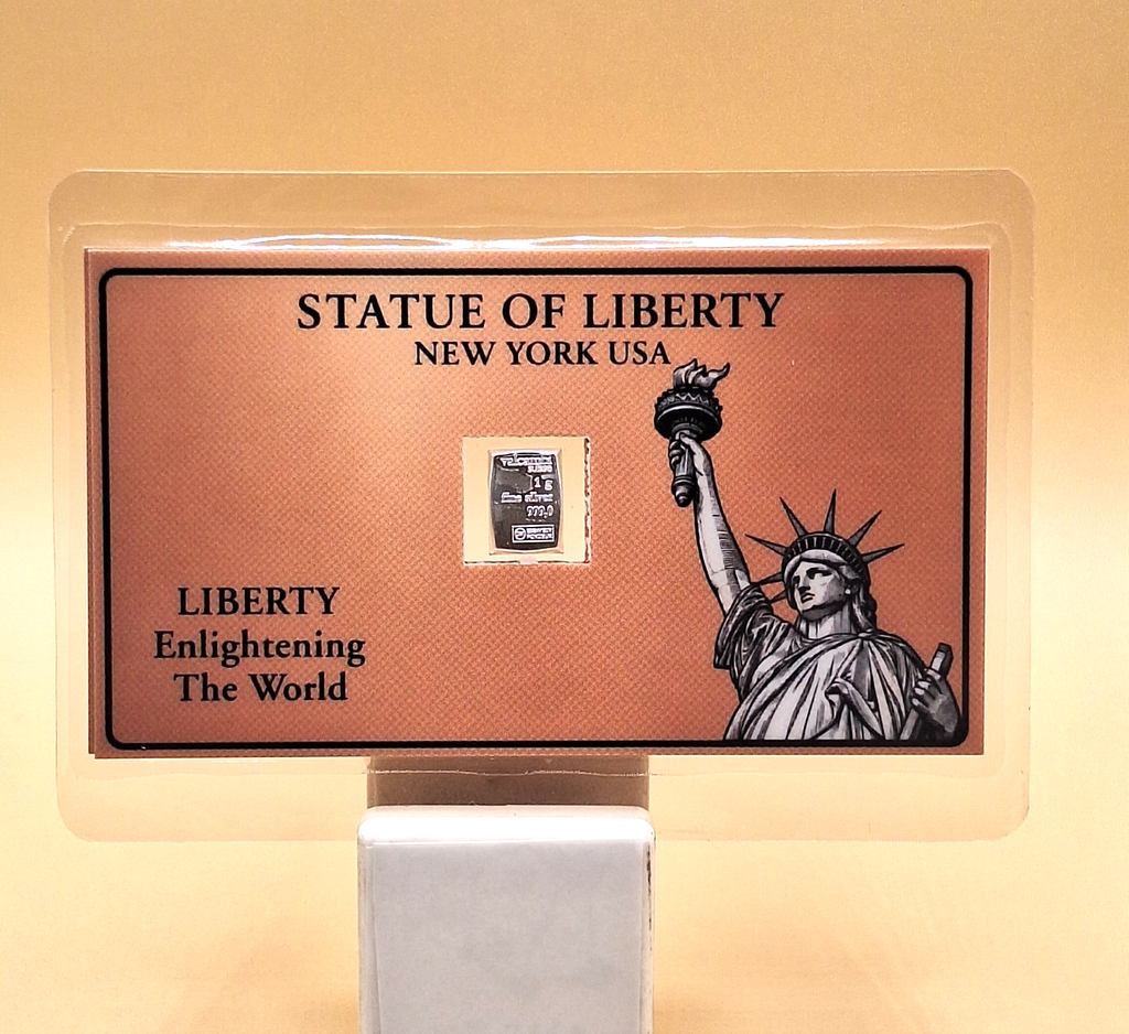LOT 2 Statue of Liberty Card w/ Genuine 1g Valcambi Suisse .999 Fine Silver Bar