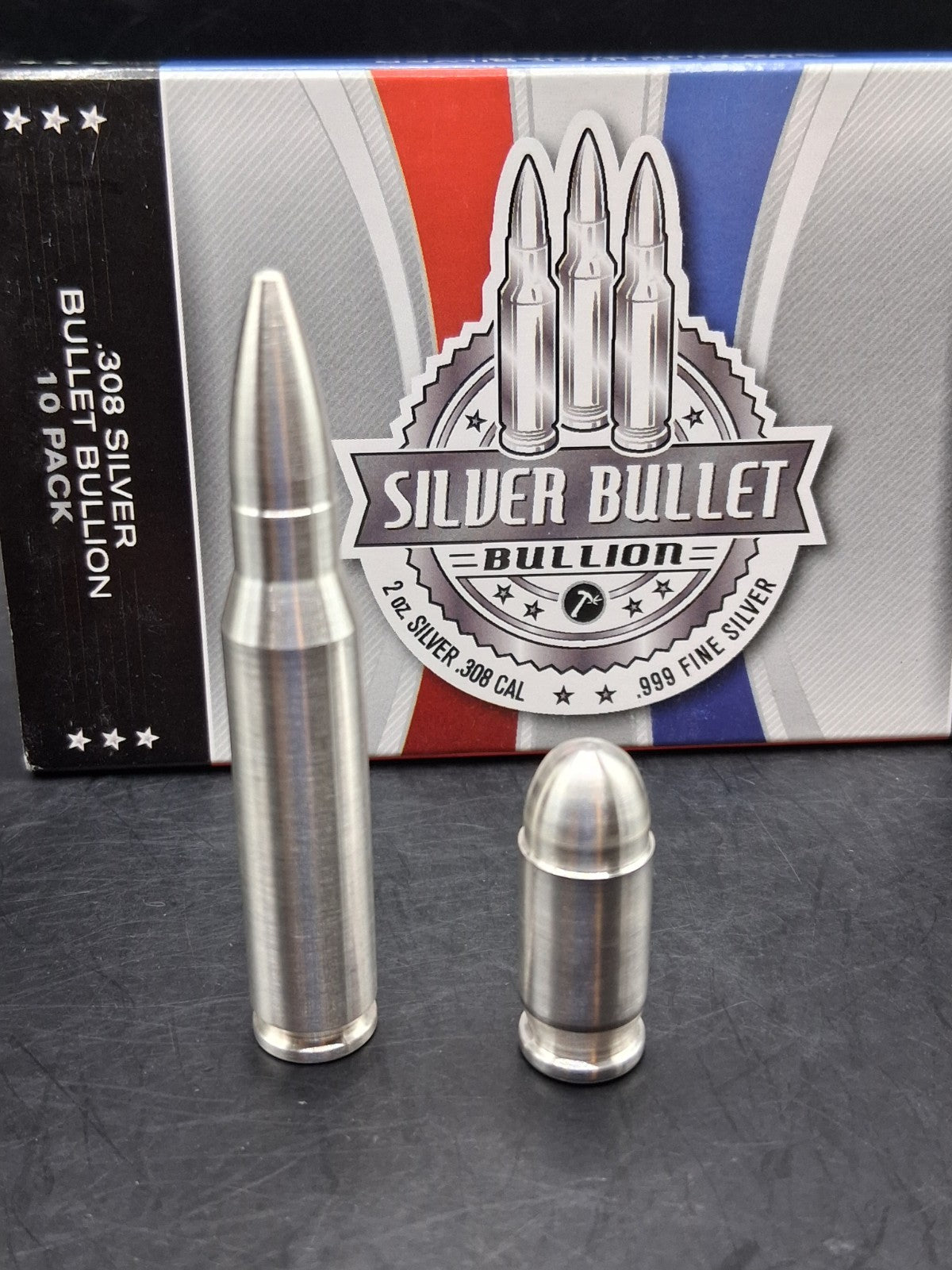 Lot of 2 Silver Bullet Bullion .999 Fine .308/.556 2oz + .45 Auto ACP 3oz Total