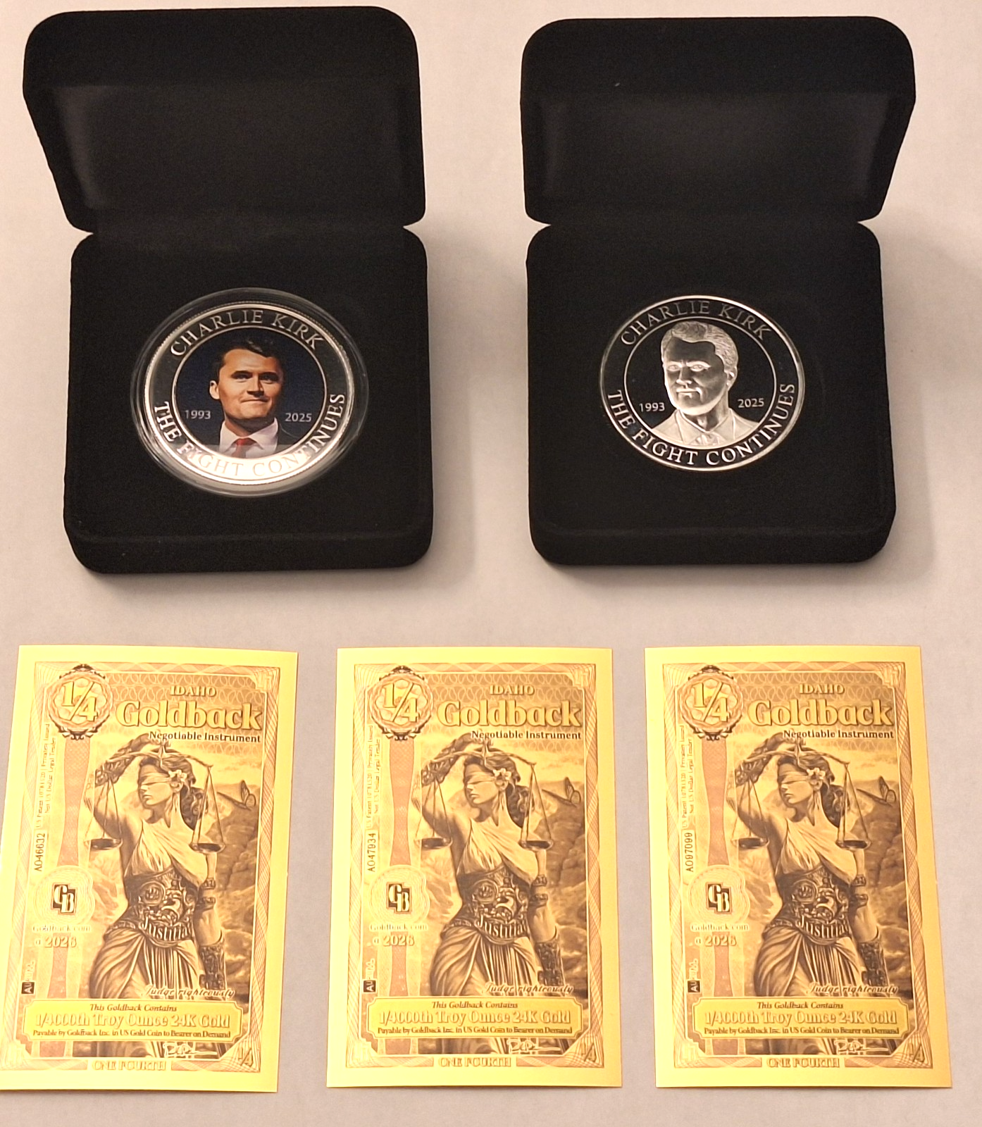 Charlie Kirk 2-Coin .999 Silver Set w/ Display Cases + 3 FREE Idaho Goldbacks!