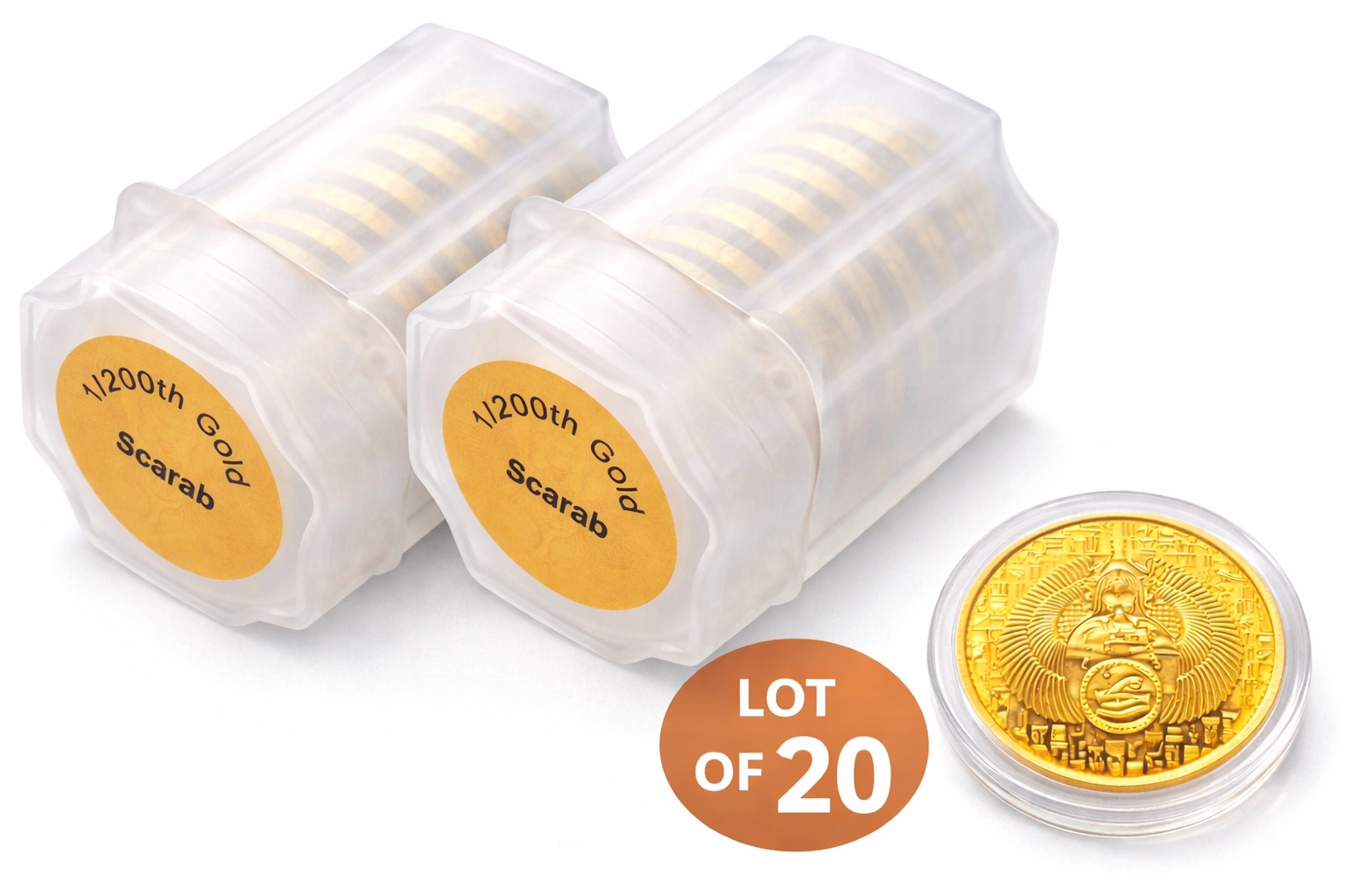 TUBE of 20 - 1/200 oz .999 Pure Gold Egyptian Scarab Round 24K Fine Gold Bullion