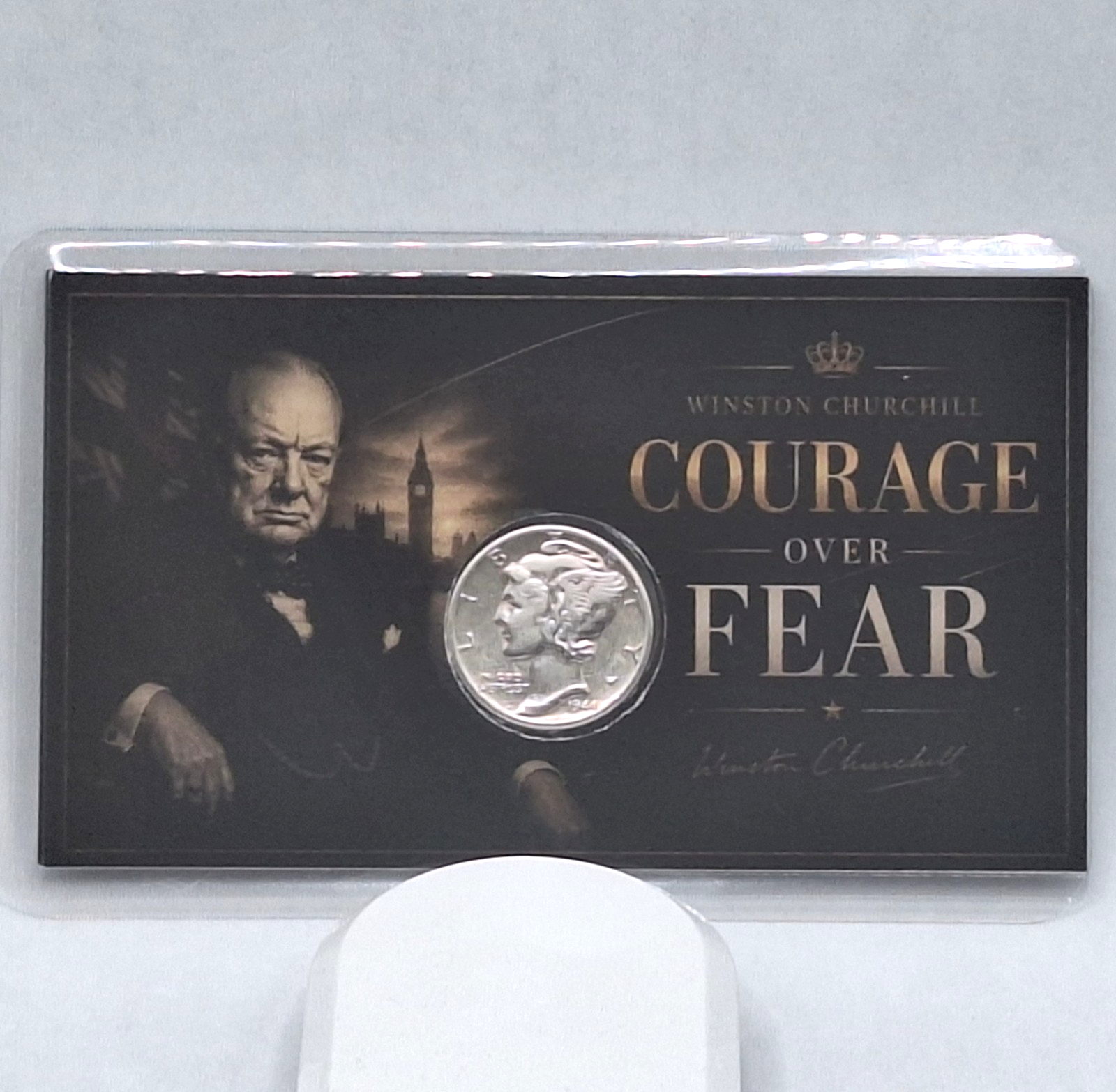 Winston Churchill Laminated Card w/ Mercury Dime 90% Silver AU - BU PDS
