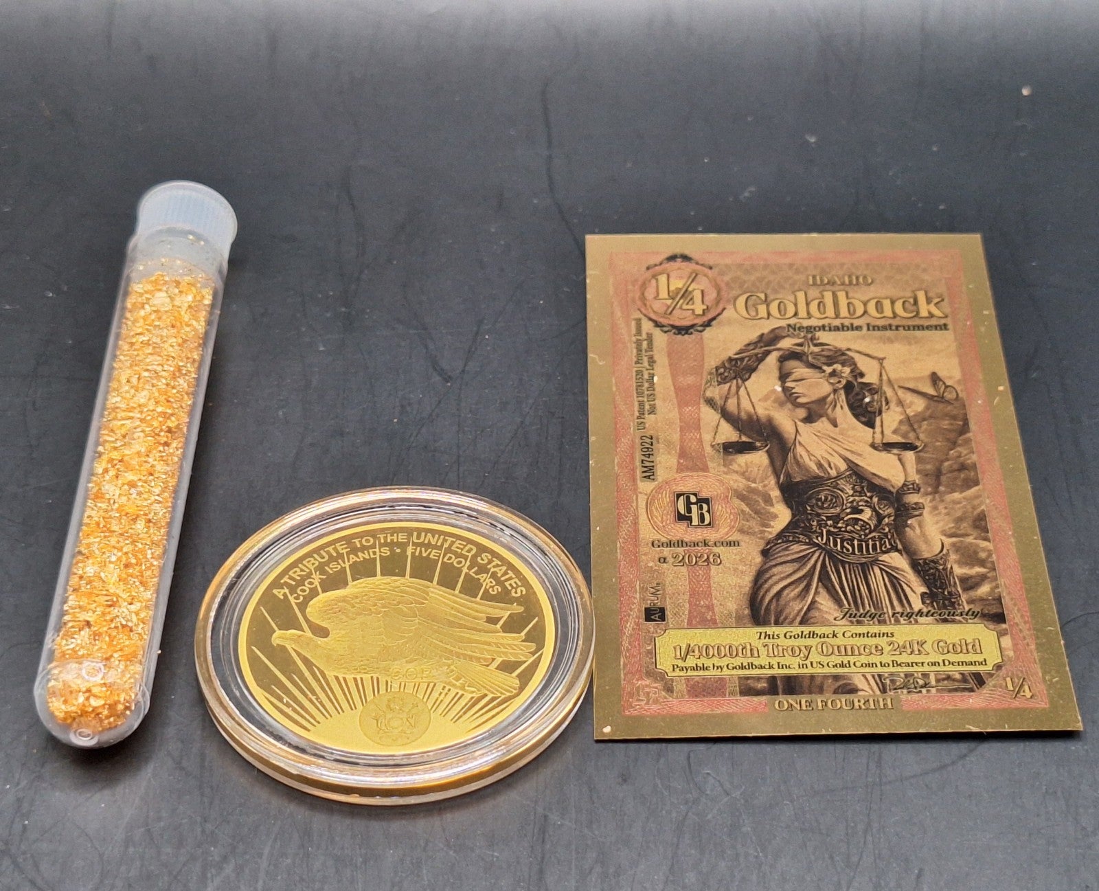 Deluxe Gold Collection Saint Gaudens Gold Coin, Goldback & Gold Flakes Set