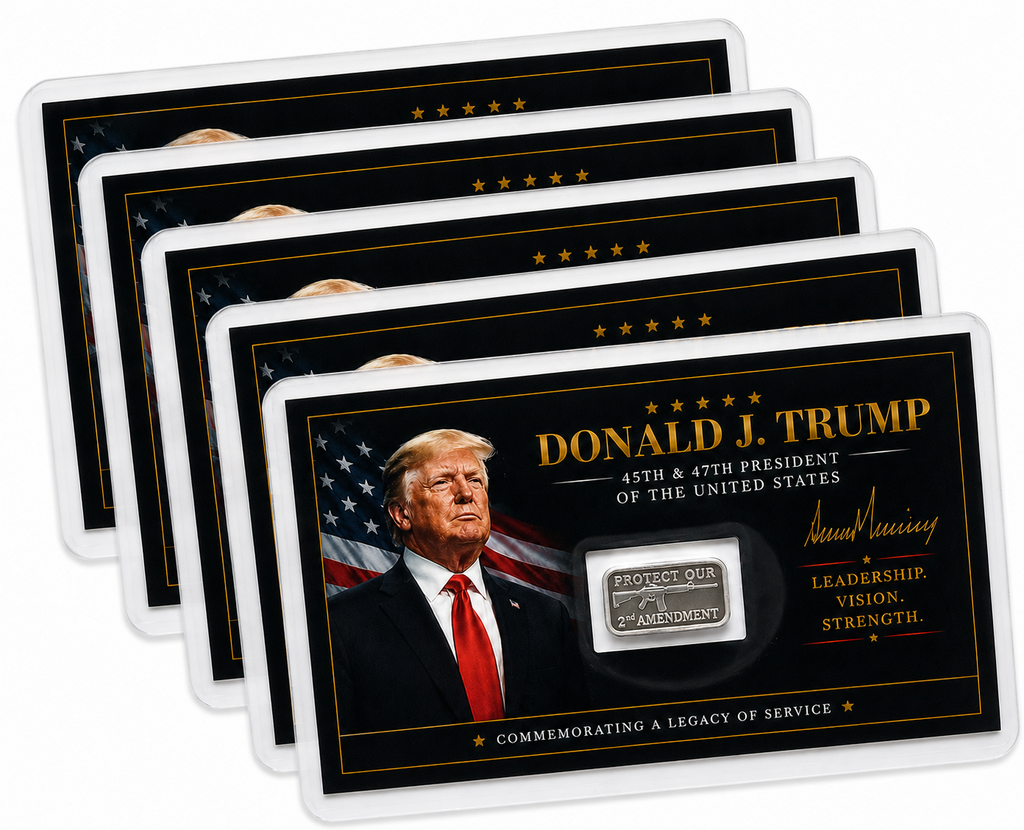 5x Donald Trump Tribute Card Protect Our 2nd Amendment 1 Gram .999 Silver Bar FS