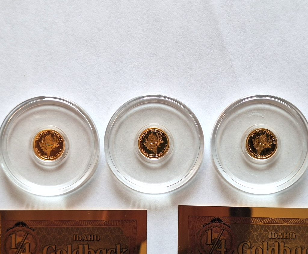 3x Mercury Gold Dime 1/200 oz Pure Gold Round + 2x FREE Idaho Goldback Notes