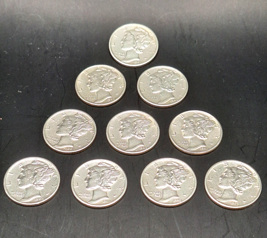 Set of 10 - Mercury Dimes AU Almost Uncirculated 90% Silver 10C PDS Free Ship!!