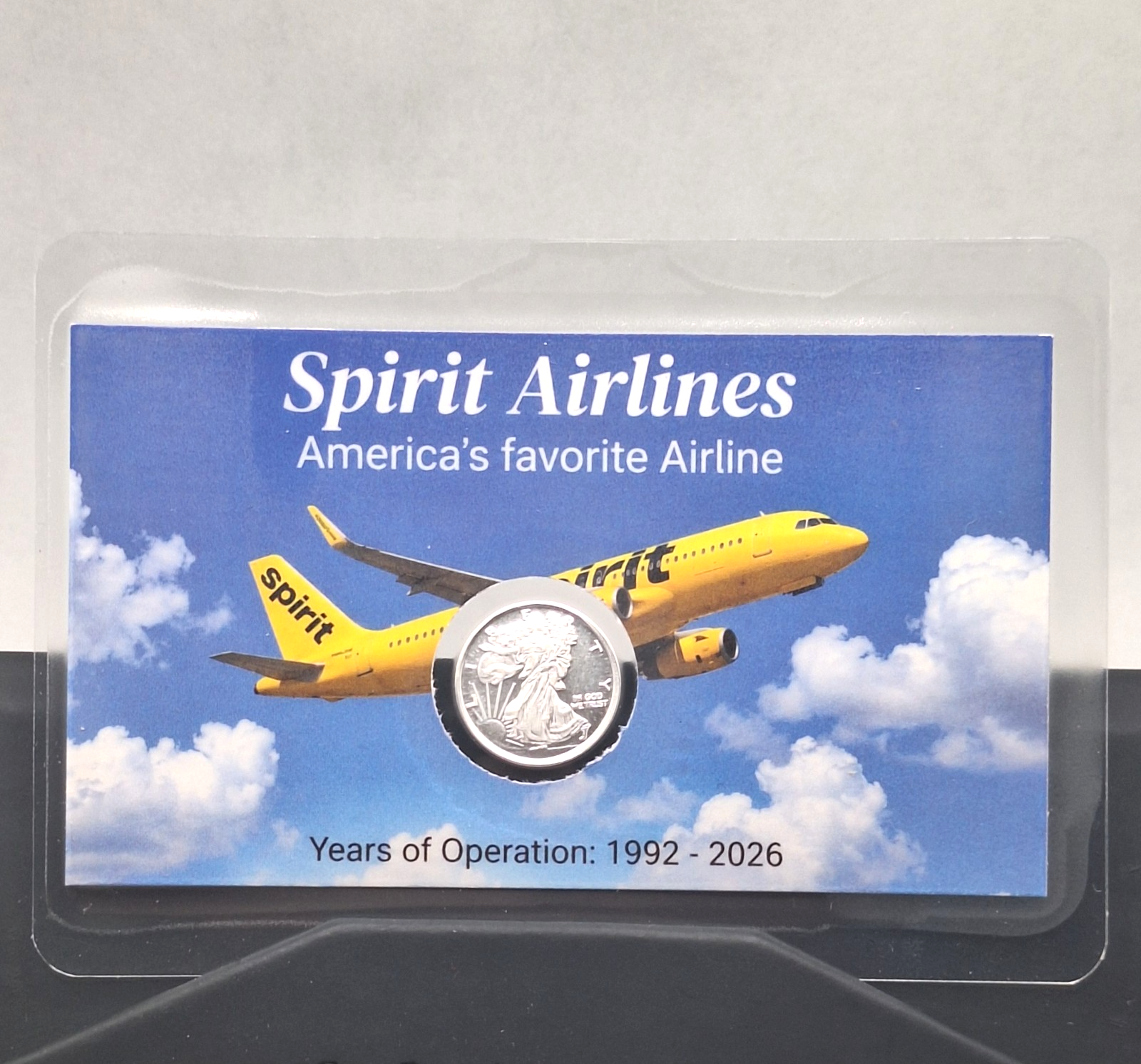 2x - Spirit Airlines Tribute Card w/ Genuine 1g .999 Fine Silver Walking Round