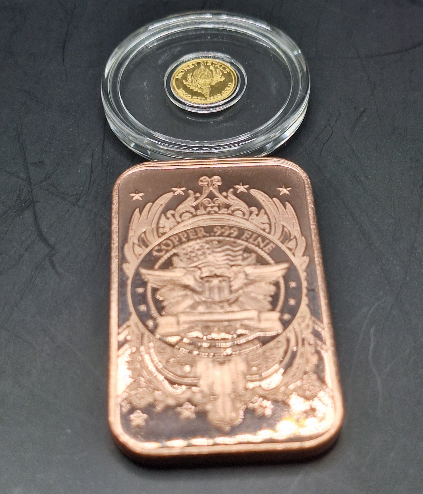 24K Mercury Gold Dime 1/200 oz .9999 + *FREE* 1 oz Copper Bar Random Design