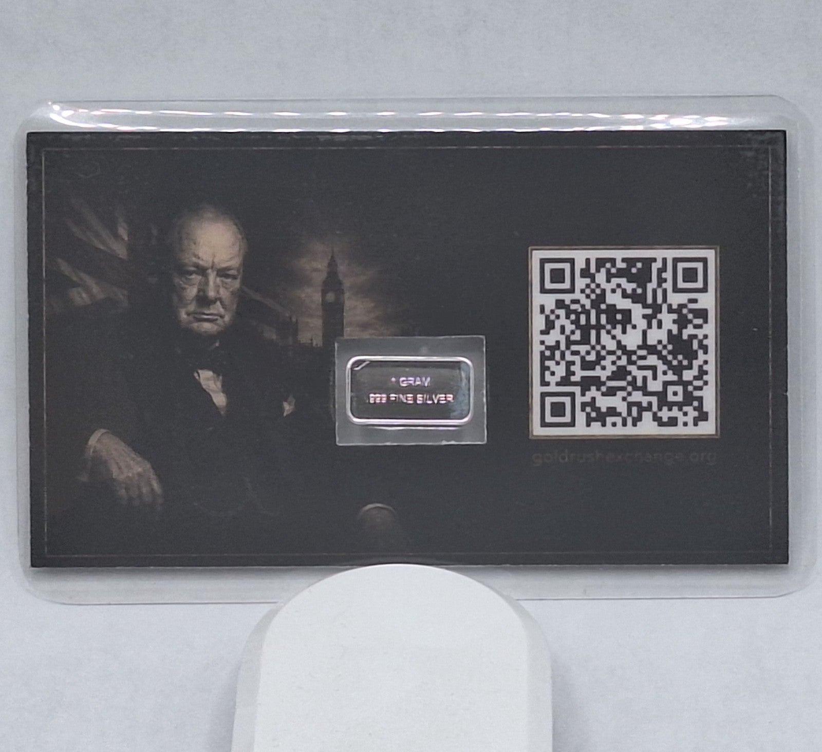 Winston Churchill Tribute Card w/ Genuine 1g .999 Fine Silver American Flag Bar