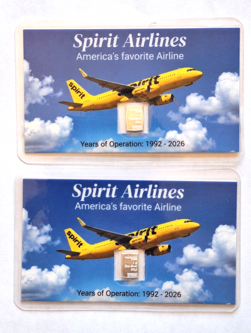 2x Rare Spirit Airlines Tribute Cards w/ 1 Gram Valcambi Silver Bar (1992-2026)