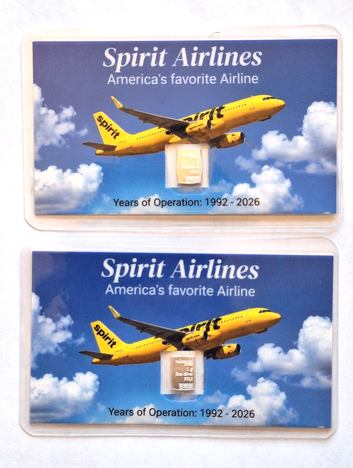 2x Rare Spirit Airlines Tribute Cards w/ 1 Gram Valcambi Silver Bar (1992-2026)