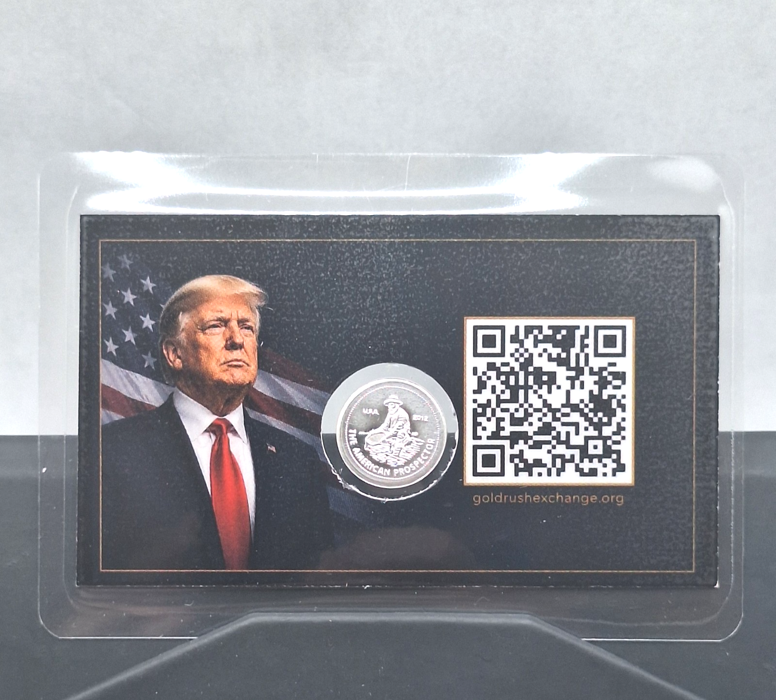 Donald J Trump Tribute Card w/ Genuine 1g .999 Fine Silver Prospector Round